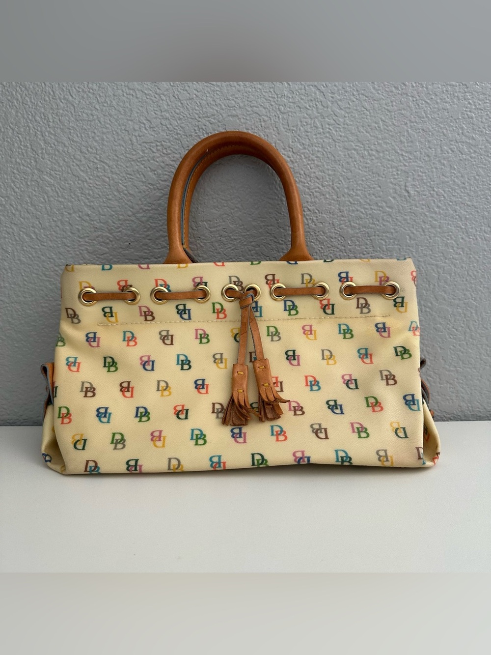 Dooney & Bourke DB rainbow Multicolor Logo-Print Tote Bag with Tan Handles